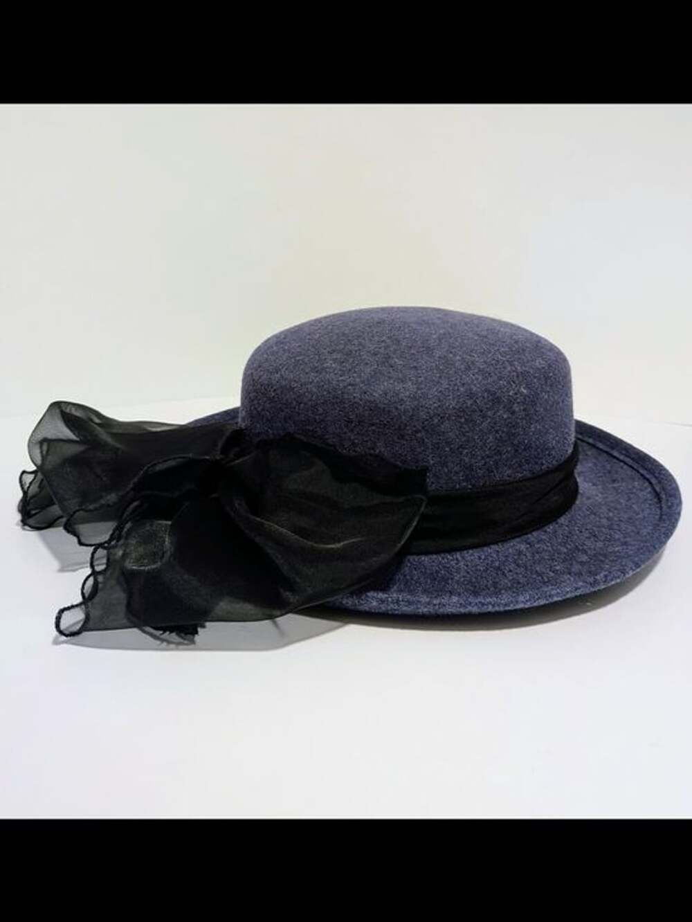 Vintage Arlin 100% Wool Dark Blue / Grey Hat with Sheer Black Bow